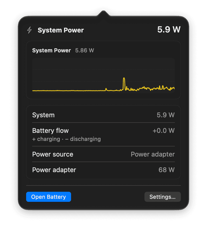 Popover příkonu v liště macOS: příkon systému, tok baterie, zdroj napájení a adaptér.