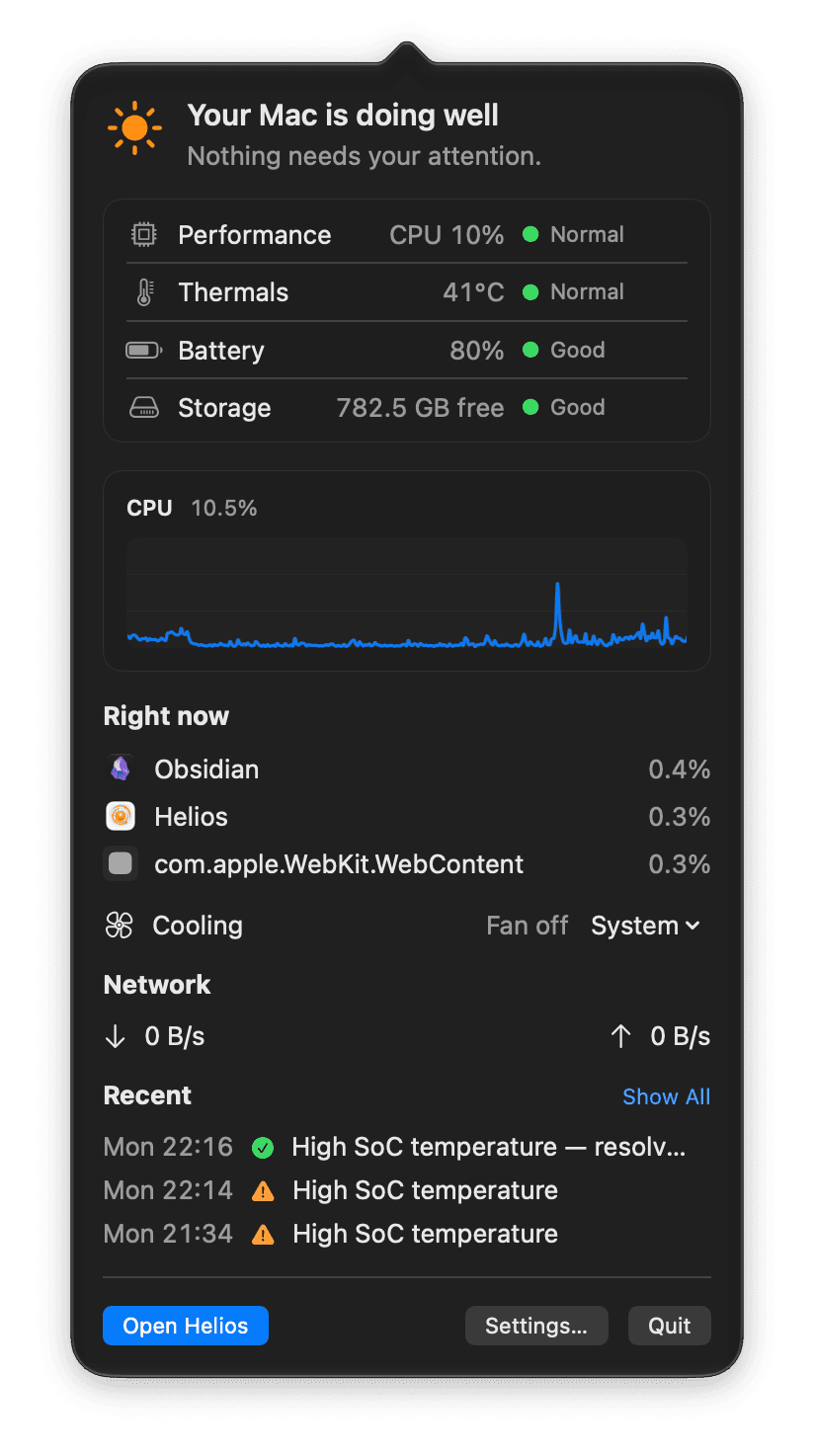 Popover Heliosu, který se otevře z horní lišty macOS: zda je Mac v pořádku, se stavem výkonu, teploty, baterie a úložiště.